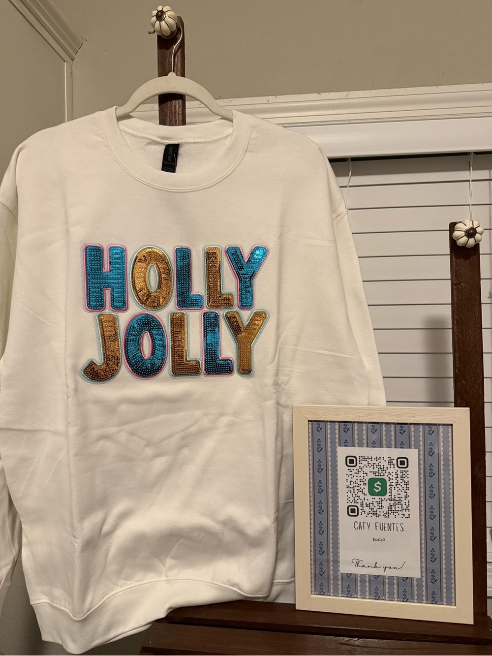 Chenille Patch Holiday 'Holly Jolly' White Sequin Sweatshirt